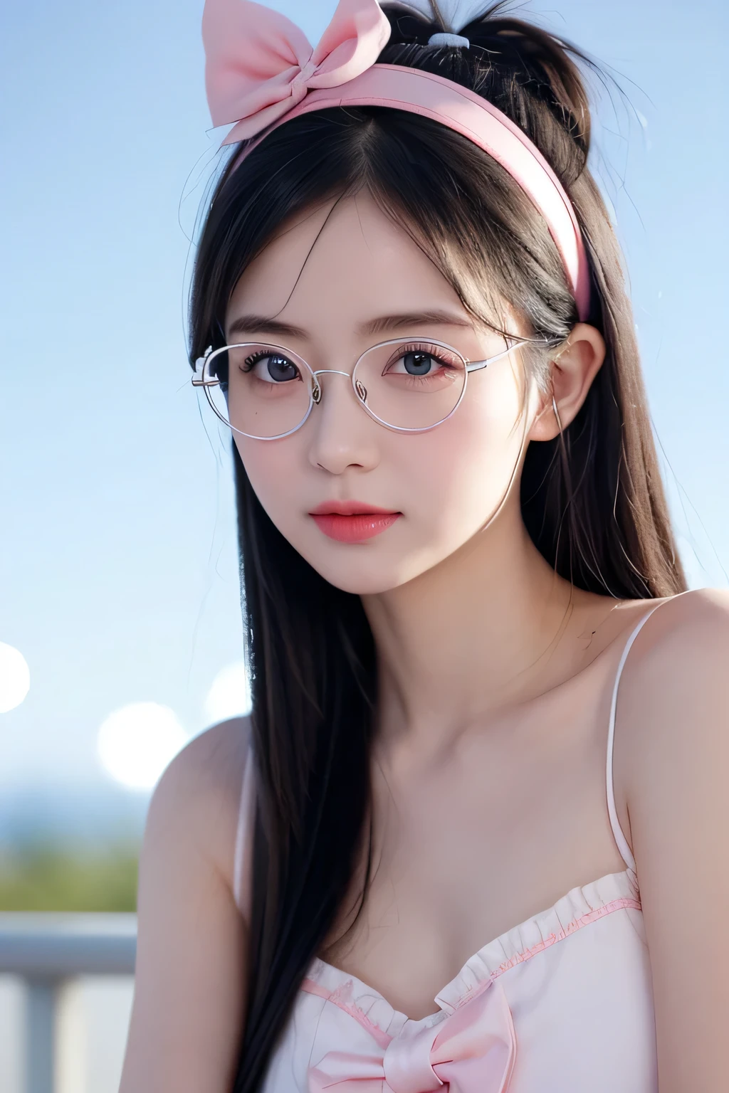 girl, Blue sky and white clouds, Wearing silver glasses, Happy, Happy, Red cheeks, Black Hair, Wearing a pink bow headband, perfect quality, Be focused (Clutter - Home: 0.8), (masterpiece: 1.2) (Practical: 1.2) (Bokeh) (best quality) (Delicate skin: 1.3) (Intricate details) (8K) (Eye details) (Clear focus), (Happy)
