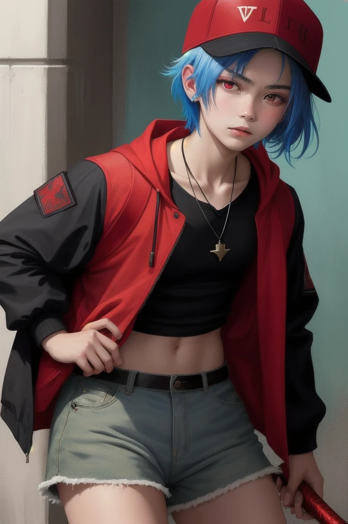 1boy,The image portrays a stylized,animated character with striking blue hair,sharp red eyes,and a confident expression. he wears a black baseball cap with a red symbol,a camouflage jacket,and a silver pendant around her neck. Behind her,theres a hint of a blade or weapon,suggesting a warrior or combatant theme. The backdrop is a vibrant red,which contrasts with her attire,making her stand out,, masterpiece,best quality,