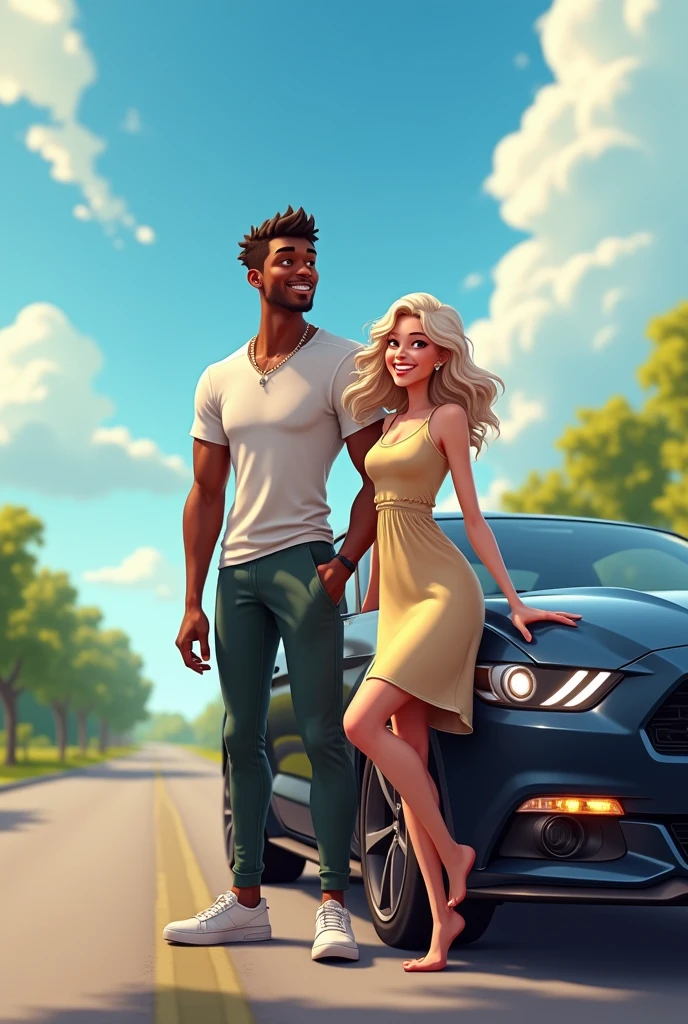 Animated image of a young black man with a white woman leaning against a car on a road