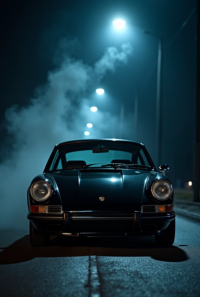 Black porche in center of road back ground smoke at night