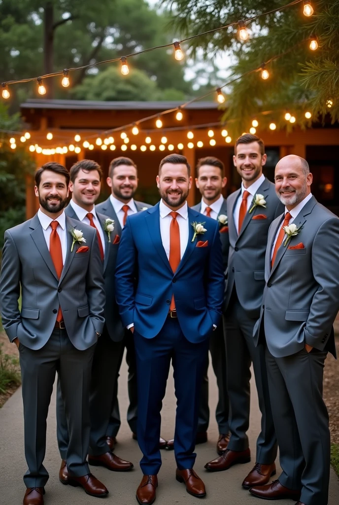 7 groomsmen in chrome gray suits with terracotta colored ties and the groom in blue suit in the middle