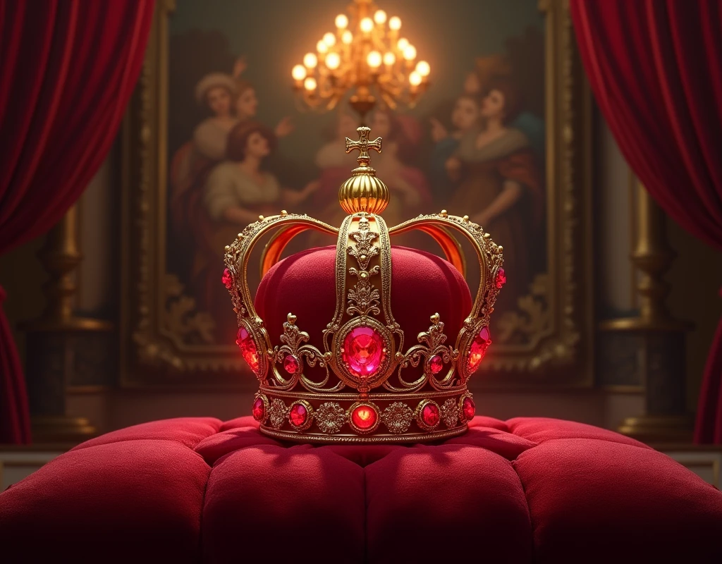 Regal Radiance: Ruby s fiery glow against a regal crown, exuding opulence and majesty.