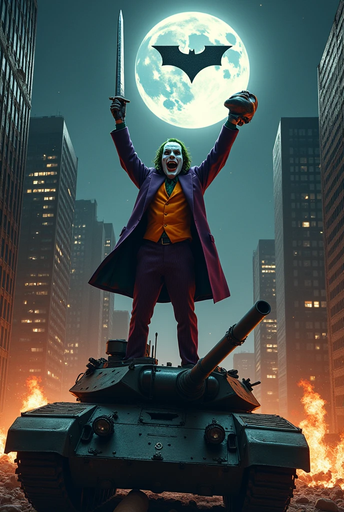 Joker standing on a war tank, with a sword and batmans head, a full moon with joker logo on it, buildings around the war tank is on fire
