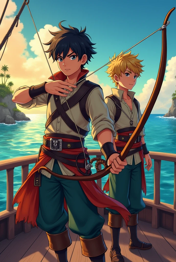 Anime, 2 young gentleman Archer carry a bow and arrow, one with black wavy short hair, and one is blonde hair, crossing the sea using a pirate ship, and island near them, wearing a warrior cloth 