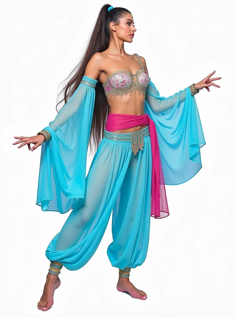 (((depict cute girl))), dance, brown hair, long hair, straigh hair, green eyes, sunshine, ((topless)) nice hips, (((light blue transparent veil pajama pants))), ((pretty white panties stick out)), (Masterpiece, Excellent, complex details), delicate girl, delicate face, sumptuous palace, large windows, gold and precious stone jewelry