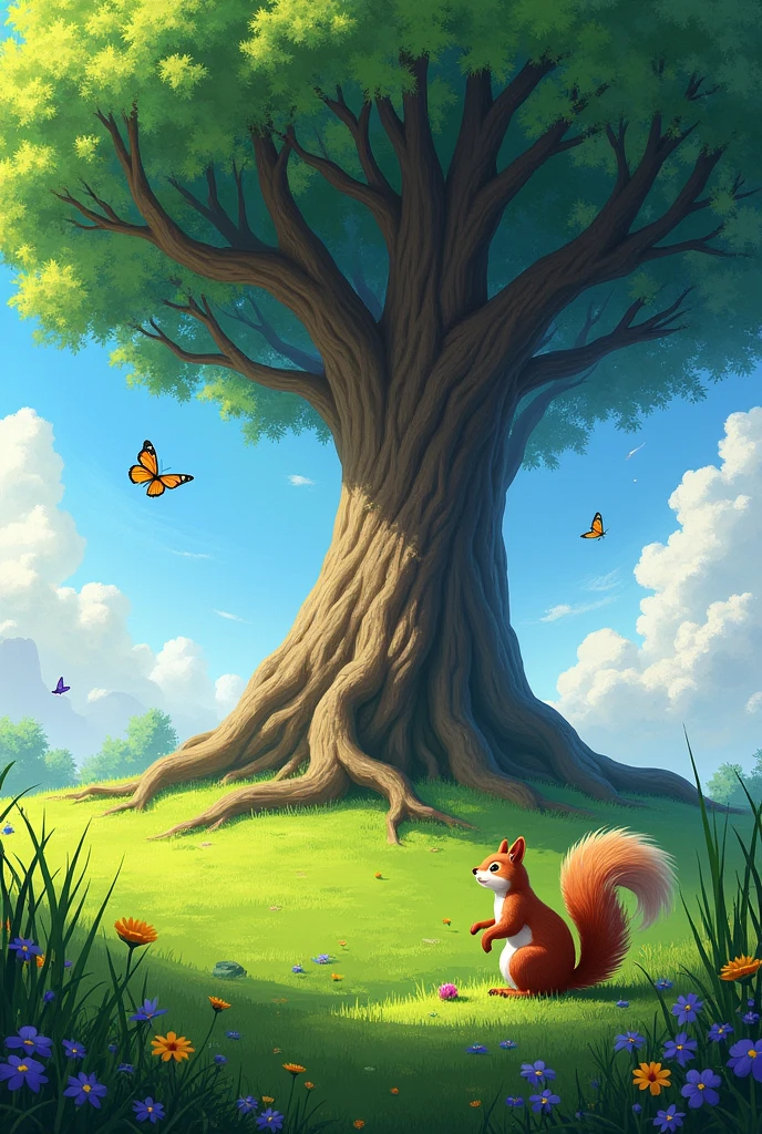 The tree is very big and large with some roots above ground., The squirrel is sitting under the tree., there is a butterfly flying, some flowers around, green meadows, blue sky