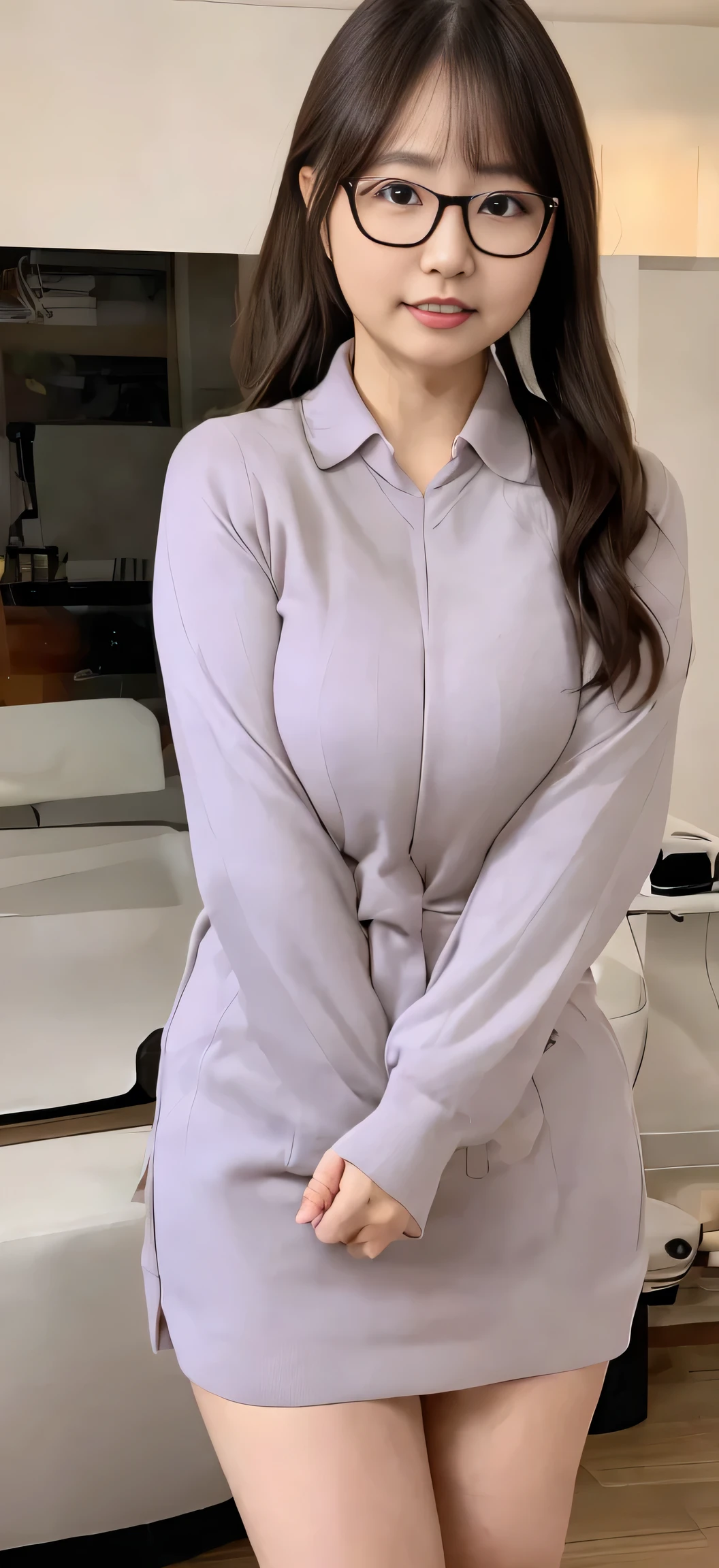 Japanese ID, Mature Woman, ((Around 40 years old, slightly chubby, round face)), Glasses, Black hair without bangs, Long Hair:1.65, Big twin ponytail:1.79, Flashy makeup, Fuller lips, Sexy Gaze, cute, ((dressing)), looking at the camera, Low angle shooting, cuteアヒル口,((Very accurate and correct anatomy)), (masterpiece:1.3), Perfect Proportions, Realistic photos, Full Shot, whole body, ((height: 148cm)), High heels, loafers, (2 Foot, Two Arms), ((Panty shot))