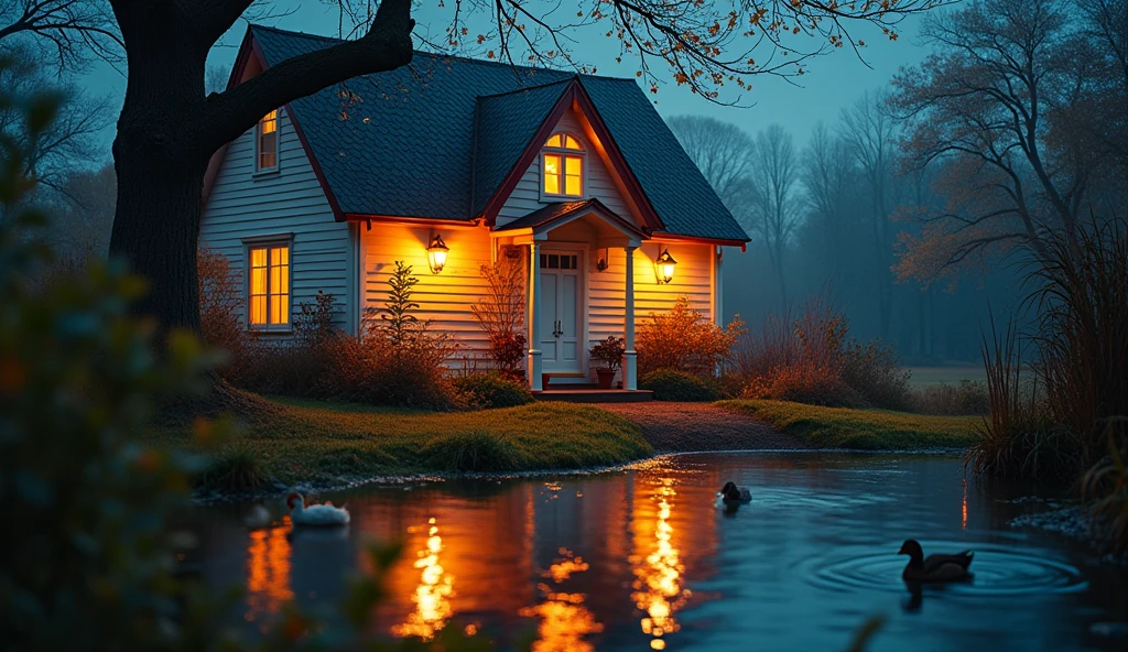 an image of a house with the light shining on them, in the style of colorful prisma, small duckweed pond, some duck and chicken, hen, erased and obscured, multiple flash, iconic album covers, photography, 50mm