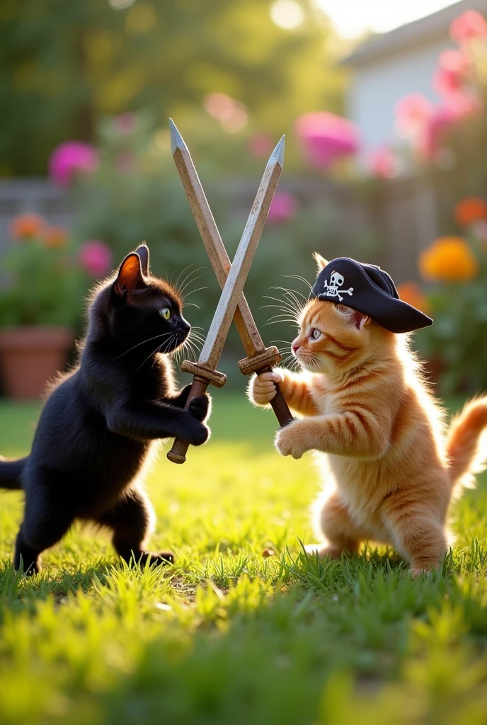 Cats fighting with swords and sticks