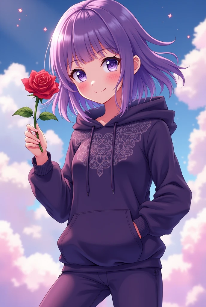 A beautiful girl, with pirpal hair, with white eyes, with derk purple hudi with dark purple ploja, a rose in his hand,she smile and seeing me, anime