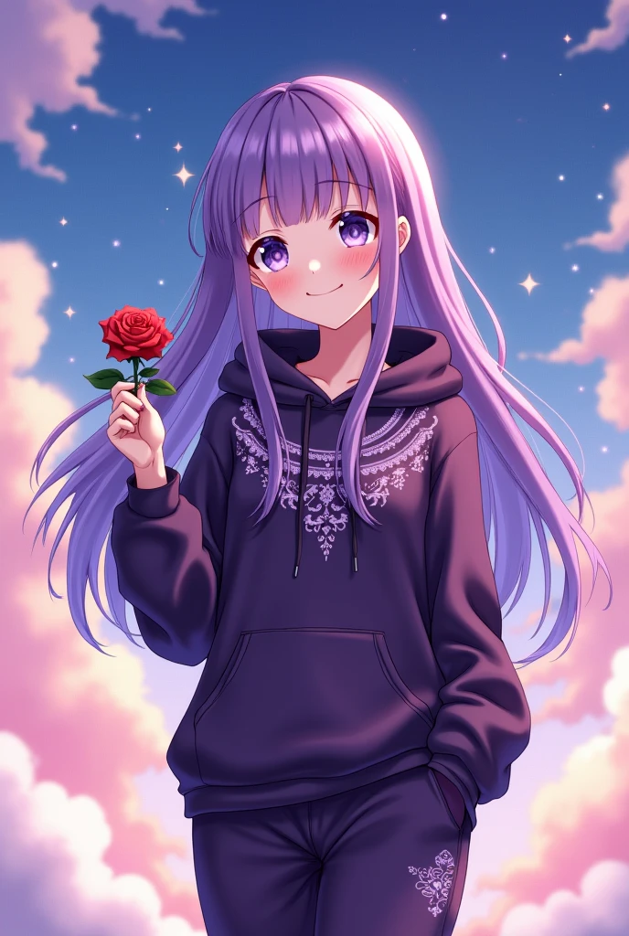 A beautiful girl, with pirpal hair, with white eyes, with derk purple hudi with dark purple ploja, a rose in his hand,she smile and seeing me, anime