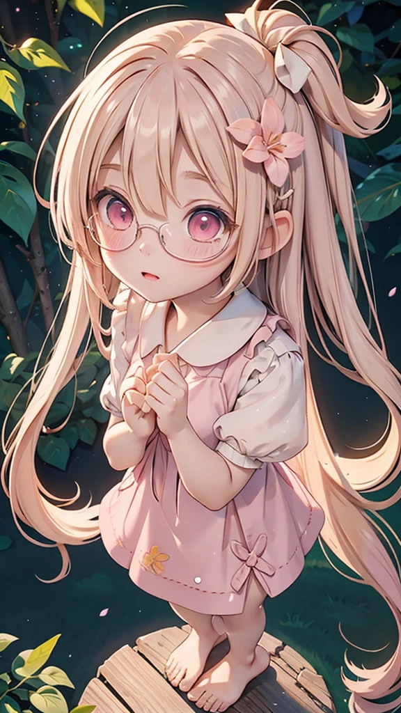 "Anime style young female character、Full body portrait。A tiny fairy, 15cm tall, with delicate, transparent wings on its back.。long-haired pale pink color,、with large pink eyes。Wearing round glasses。White flower hair ornament。Wearing a pale pink dress、Puff sleeve design and above knee length。Slim figure。Standing barefoot。The background is lush nature、wood々surrounded by leaves。The character is a little shy and tilts his body.、Face-to-face pose。Overall a soft and gentle atmosphere。A fantastic atmosphere with dancing light particles。high quality digital art。"