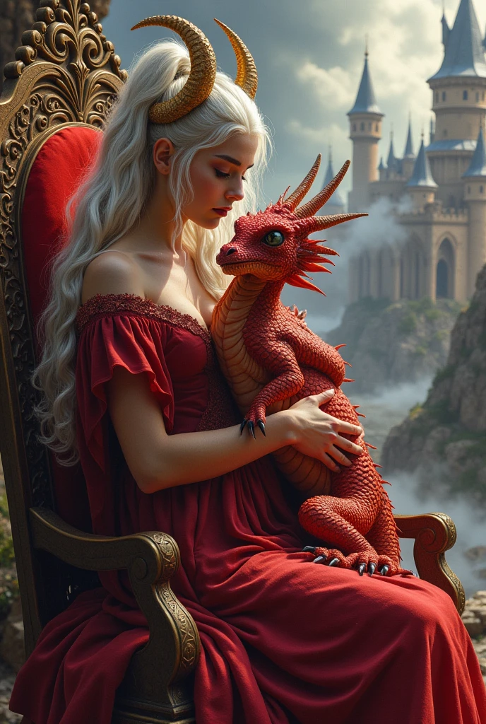 Targueryen girl with horns, and a medium red ragon on her lap