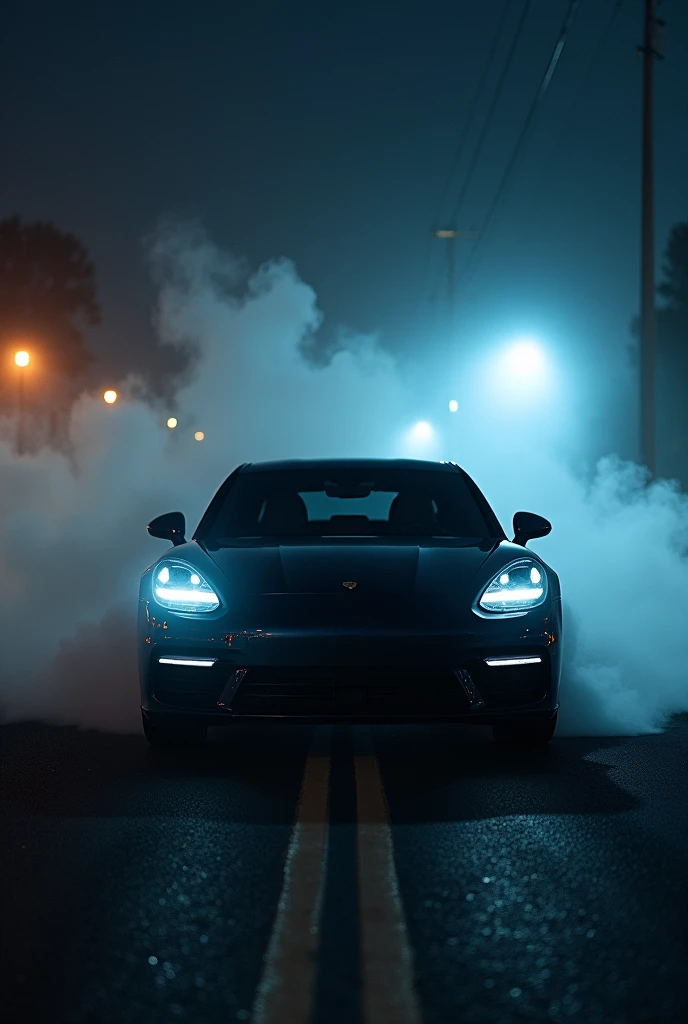 Black porche panamera in center of road back ground smoke at night