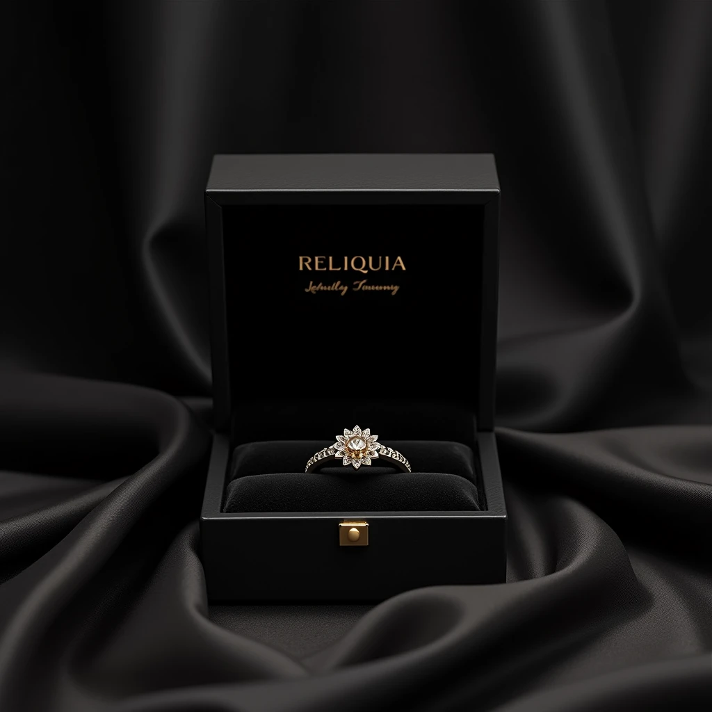 (masterpiece:1.3), (8K、photorealistic, Raw photo, best quality:1.4), Generate a luxurious and elegant black jewelry box designed for the brand 'Reliquia'. The box should have a sleek and minimalist design with a smooth matte black or satin finish. The interior should feature a rich velvet lining, also in black, to add a sense of sophistication and luxury. The box should be sturdy and refined, with subtle metallic accents, such as a gold or silver clasp, to enhance its exclusivity. The brand's logo 'Reliquia' should be prominently displayed on the top of the box in an elegant gothic style, either embossed or printed in a contrasting metallic color like gold or silver. The scene should be set against an elegant background featuring rich fabrics like silk or velvet, with luxurious textures that add depth and class to the composition. The overall vibe should be classy, timeless, and perfectly suited for showcasing high-end jewelry