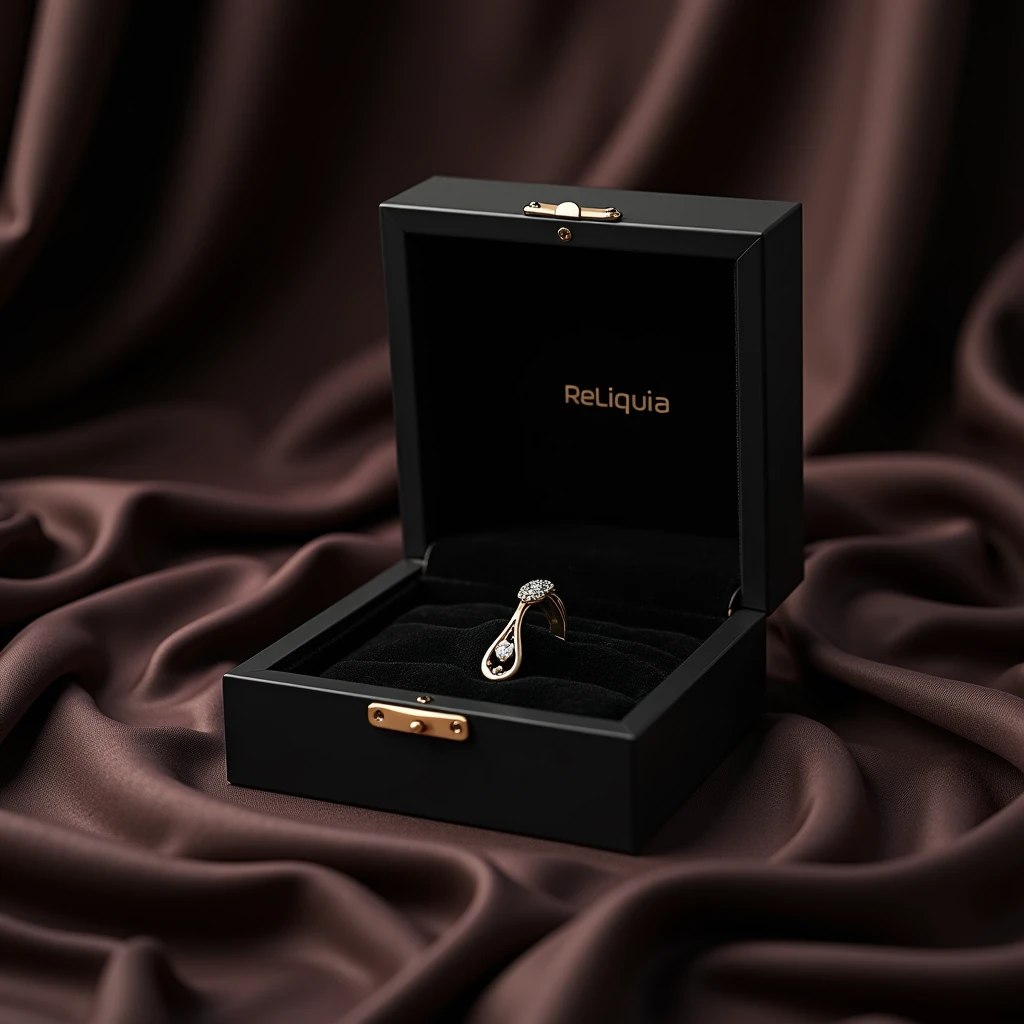 (masterpiece:1.3), (8K、photorealistic, Raw photo, best quality:1.4), Generate a luxurious and elegant black jewelry box designed for the brand 'Reliquia'. The box should have a sleek and minimalist design with a smooth matte black or satin finish. The interior should feature a rich velvet lining, also in black, to add a sense of sophistication and luxury. The box should be sturdy and refined, with subtle metallic accents, such as a gold or silver clasp, to enhance its exclusivity. The brand's logo 'Reliquia' should be prominently displayed on the top of the box in an elegant gothic style, either embossed or printed in a contrasting metallic color like gold or silver. The scene should be set against an elegant background featuring rich fabrics like silk or velvet, with luxurious textures that add depth and class to the composition. The overall vibe should be classy, timeless, and perfectly suited for showcasing high-end jewelry