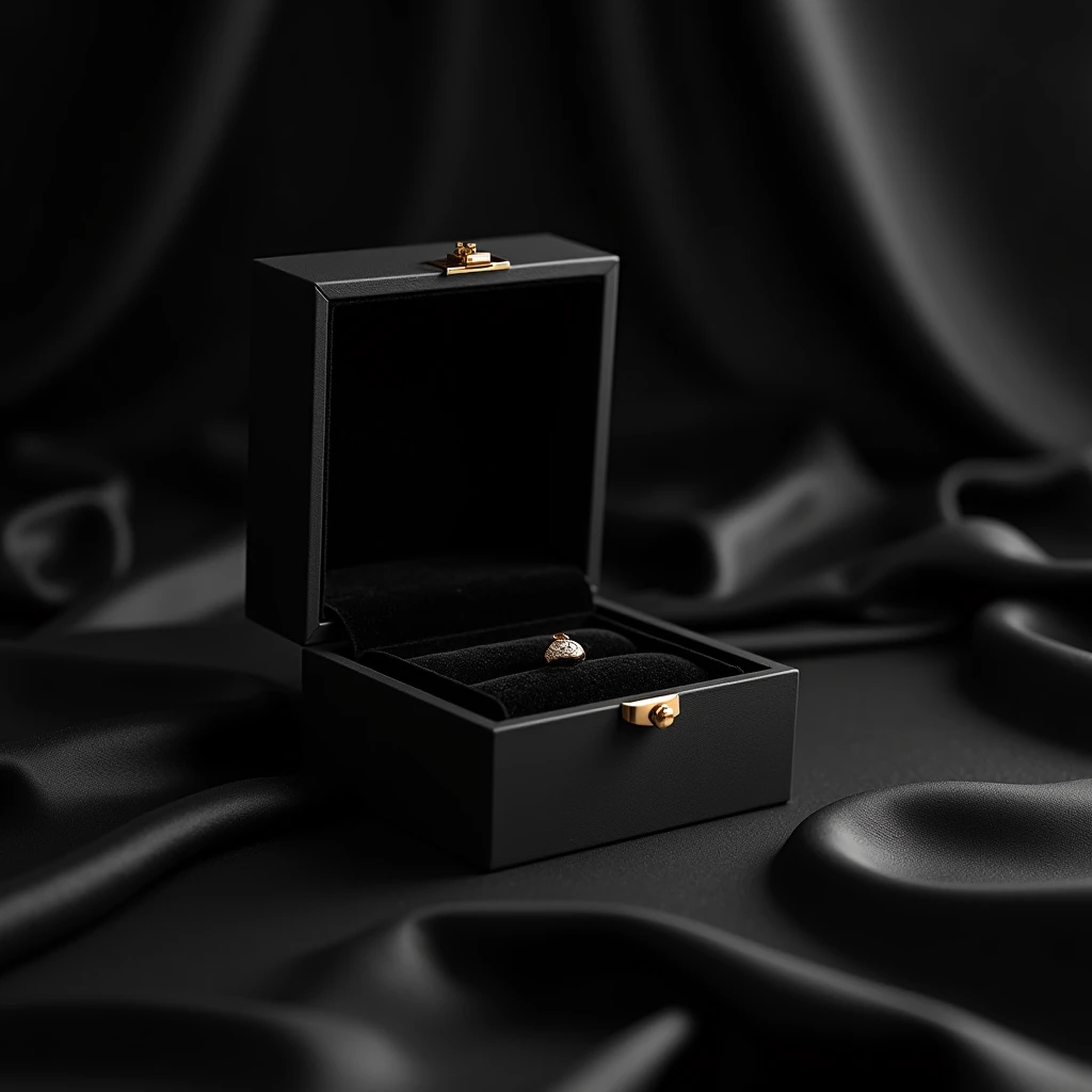 (masterpiece:1.3), (8K、photorealistic, Raw photo, best quality:1.4), Generate a luxurious and elegant black jewelry box designed for the brand 'Reliquia'. The box should have a sleek and minimalist design with a smooth matte black or satin finish. The interior should feature a rich velvet lining, also in black, to add a sense of sophistication and luxury. The box should be sturdy and refined, with subtle metallic accents, such as a gold or silver clasp, to enhance its exclusivity. The brand's logo 'Reliquia' should be prominently displayed on the top of the box in an elegant gothic style, either embossed or printed in a contrasting metallic color like gold or silver. The scene should be set against an elegant background featuring rich fabrics like silk or velvet, with luxurious textures that add depth and class to the composition. The overall vibe should be classy, timeless, and perfectly suited for showcasing high-end jewelry