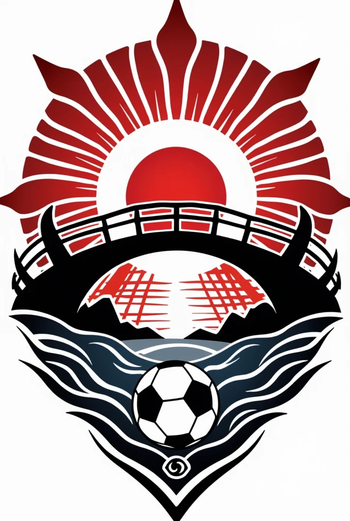 I would like to create the logo for a football team called Novo Oriente, which is a Brazilian team from the city of Pereira Barreto with Japanese origins, the club colors are red, black and white and there has to be a bridge in the middle of it with a river underneath