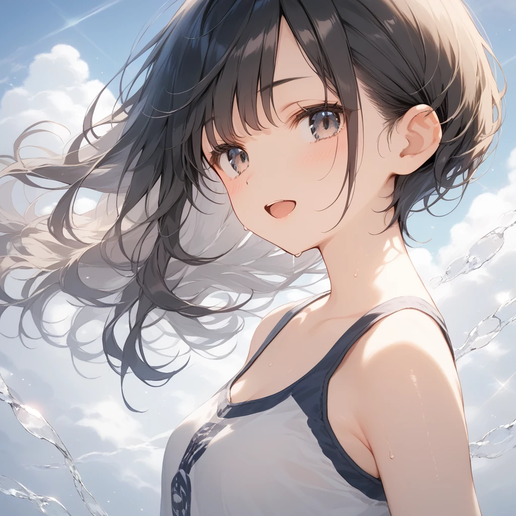 score_9, score_8_up, score_7_up, source_anime, best quality, masterpiece, official art, absurdres, highres, ultra-detailed,waifu2x,Collection: Slice of Life,break,1girl, short hair, pixie cut, curly hair, small breasts, beautiful (well-shaped) breasts,beautiful detailed eyes, sweat, gym shorts, (wavy mouth:0.3), open mouth, outdoors, (Detailed Lighting), (Detailed background),break,(clear line illustration:1.2), super detailed skin,very high resolution, very aesthetic, Best sexual lighting powered by famous artist, 8k, 16k, cute picture,beauty illustration,photoshop_(medium),,(Detailed Lighting),best anime 8k konachan wallpaper, pixiv contest winner,