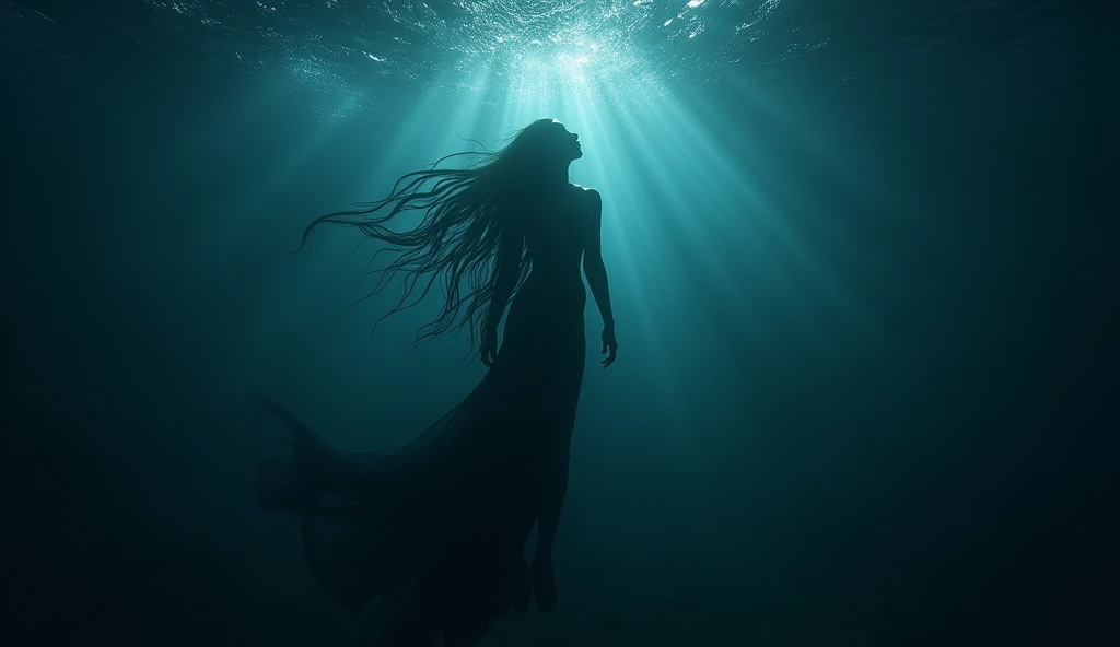 Floating in the depths of the dark ocean, Long Hair, Simple Background, Backlight, abstract,
