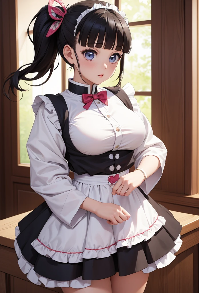 Masterpiece,Solo,1Girl,Kanao Tsuyuri,(Kimetsu No Yaiba),Big Breasts,Perfect Body,Sexy Body Hot,Best Quality,High Resolution,Photograph 8K,Ultra Detailed,Female Maid Prancis Theme,Female Maid Outfit Anime,Maid Short Dress,Black And White Dress Prancis Cute Lolita,Beautiful,Beautiful Woman,Cafe Background,Hair In A Side Ponytail