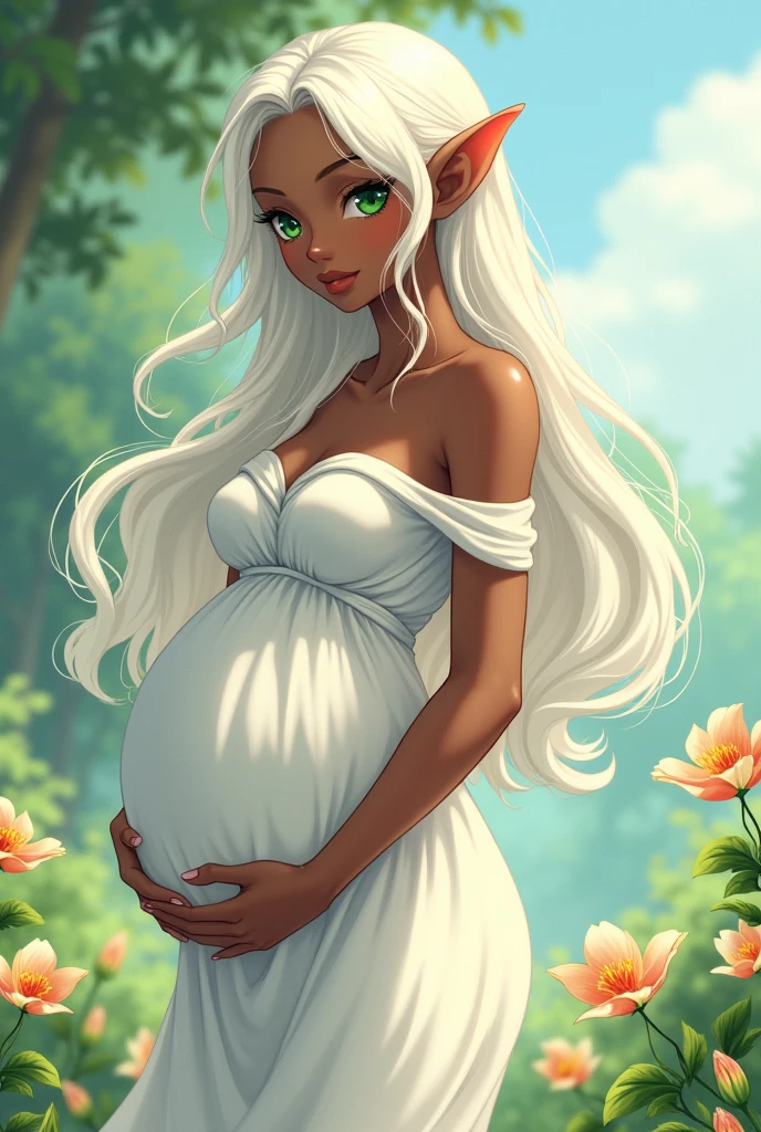 Anime girl with dark skin, green eyes, white hair and elf ears wearing a white dress and loose hair, tall, pregnant adult