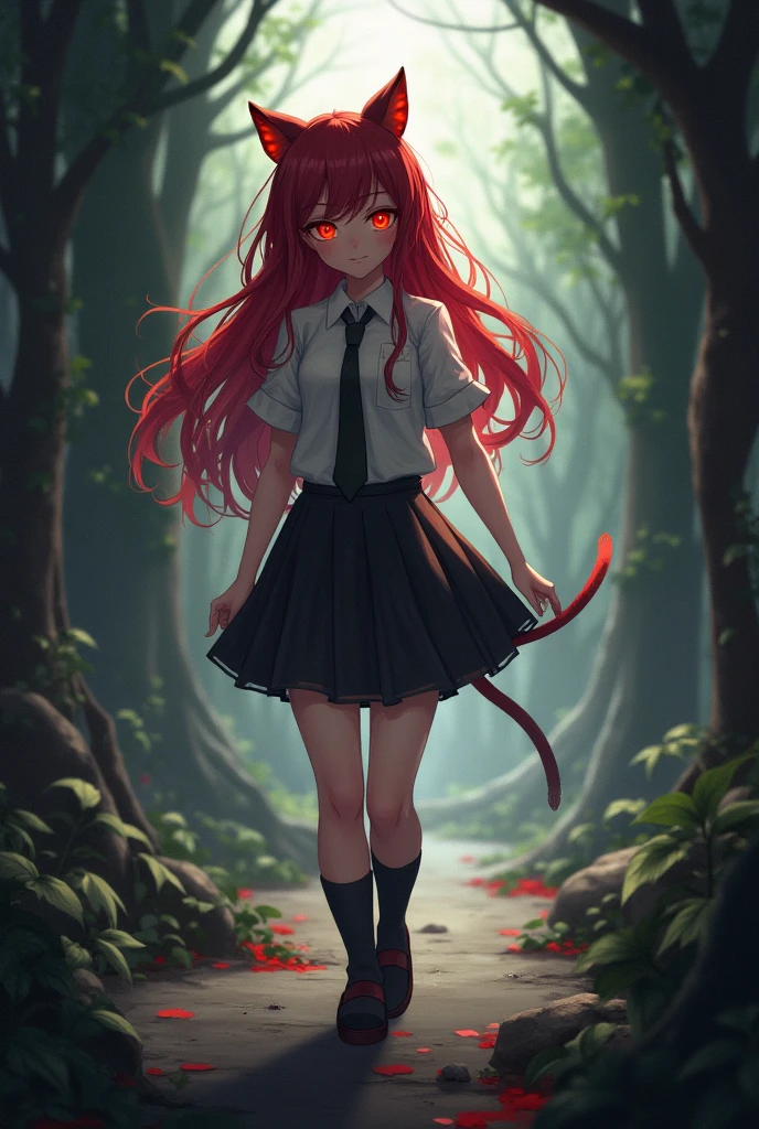 Lyra Appearance:
hair: Red and long.
eyes: Felines, often covered or shaded by their hair.
Beast Features: Retractable claws and fangs.
CLOTHES (Human faction): mini skirt, white short sleeve button down shirt, socks and slippers, Schoolgirl style with touches of dressed girl.
Alternates between primitive nature and civilized behavior Soulslike video game style l