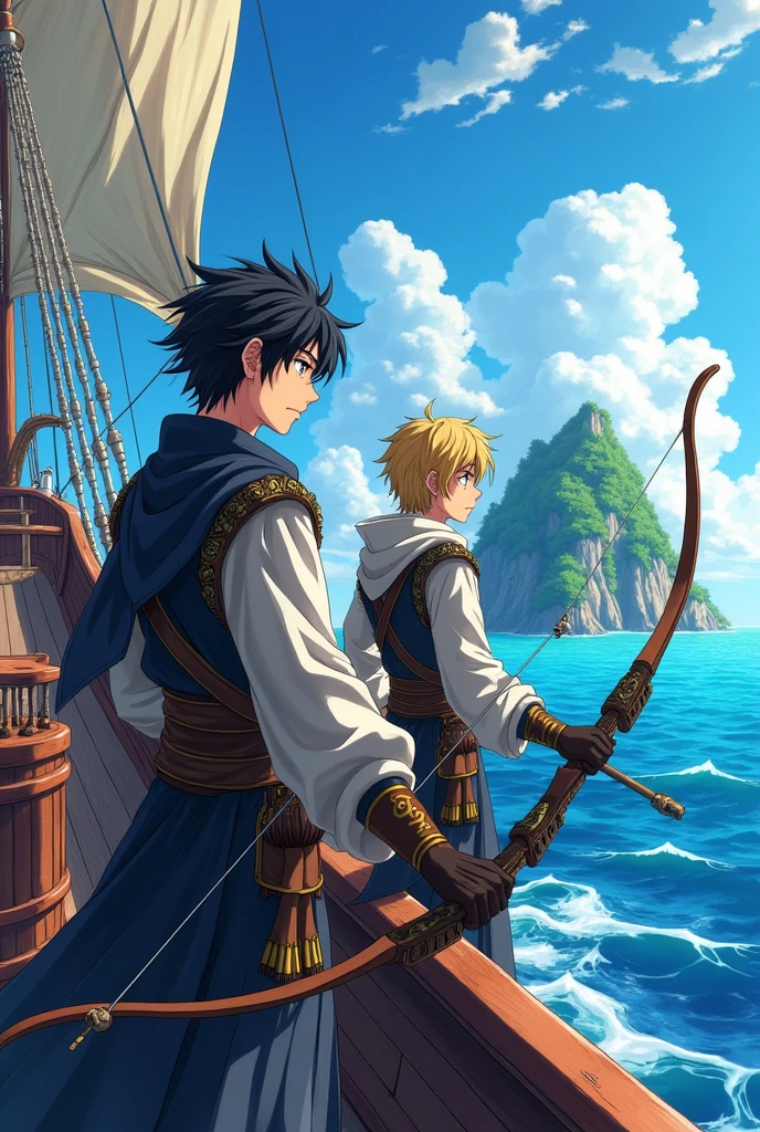 Anime, 2 young gentleman Archer carry a bow and arrow, one with black wavy short hair, and one is blonde hair, crossing the sea using a pirate ship, and island near them, wearing a warrior cloth, make the look matured 