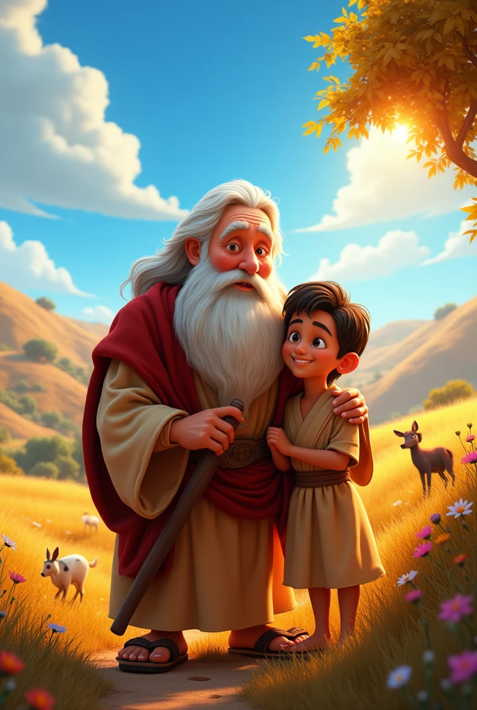 create an image of the biblical characters abraham and his son izac in disney pixar format
