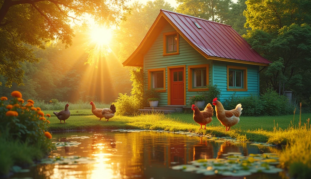 an image of a house with the light shining on them, in the style of colorful prisma, small duckweed pond, some duck and chicken, hen, erased and obscured, multiple flash, iconic album covers, photography, 50mm