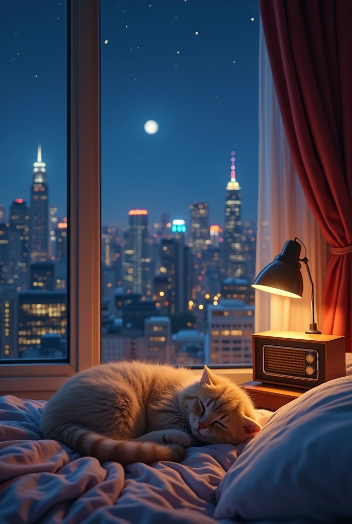 Kitty, sleeping on a bed in the city, enjoying the tranquility of music from the radio, the beautiful sky view by the window and the starry sky.