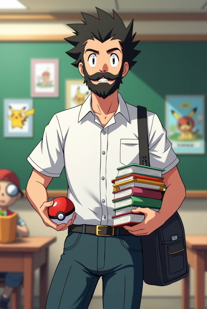 Anime pokemon style, Short black spiny haired, slim teacher with full beard and mustache, right hand holding a pokeball. Left hand holding books, wearing a white shirt and a bag on the right leg with some school supplies. School