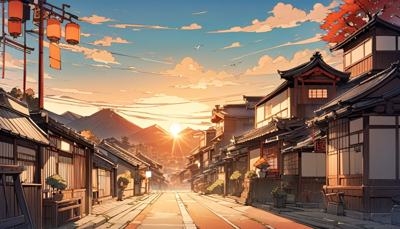 Kyoto, Kyoto town, feng shui, Japanese art style, sunrise, feng shui, modern, retro, hope, motivation,
