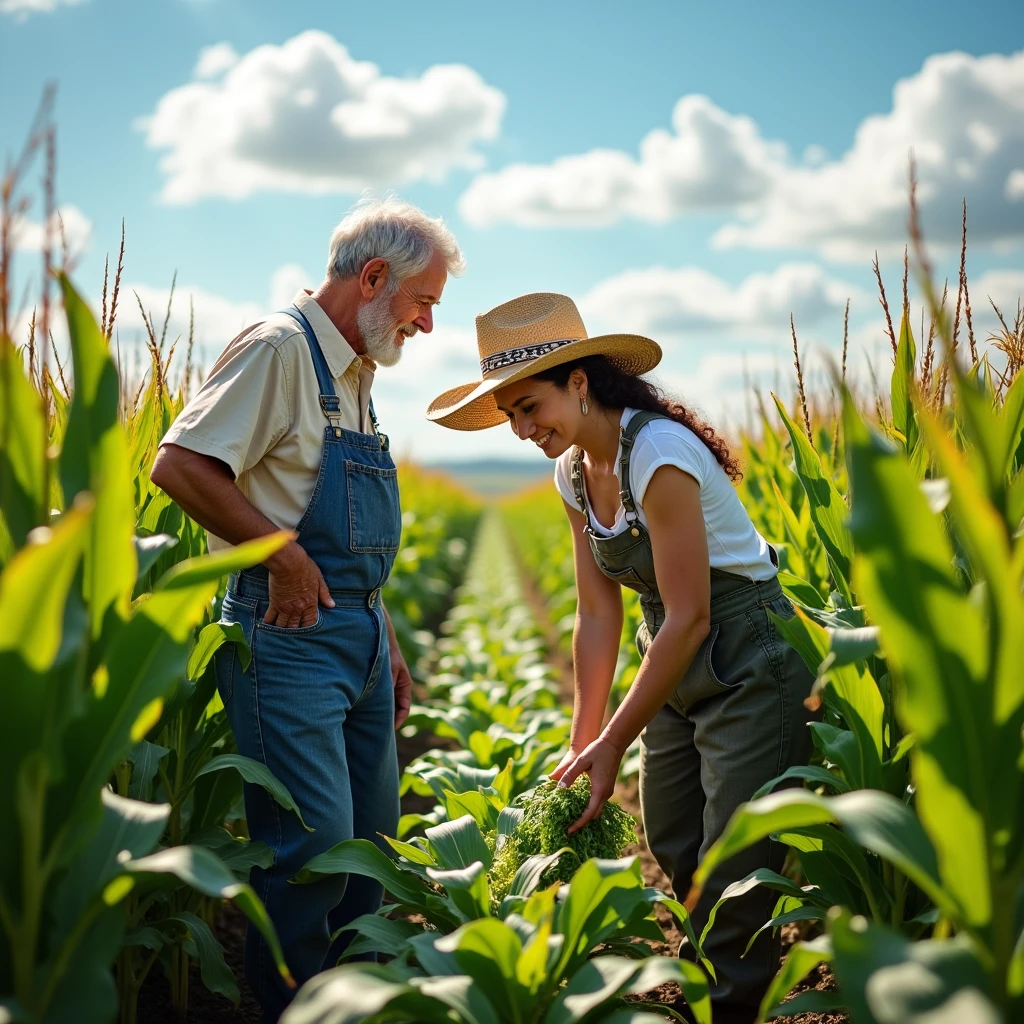 Farmer is working in the field,  is looking at her father next to him.