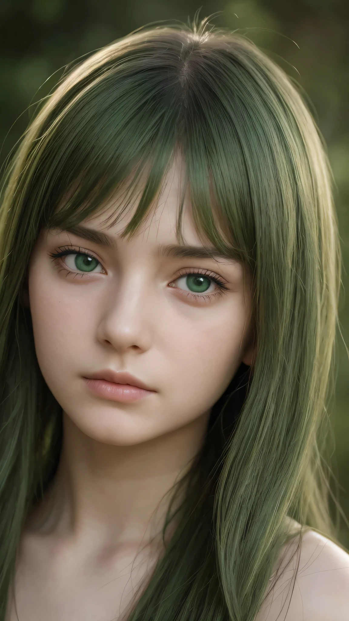 facial portrait. a girl. european. extremely detailed face. delicate features. oval face. long face. half-closed eyes. green eyes. long straight hairstyle. green hair. sad disappointed expression. shy. timid. front