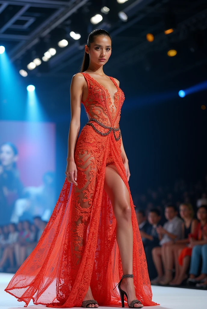 A full body shot fashion model wearing Alexander McQueen skin reveling lace style as dresses during a runway show, with a dramatic pose, bright stage lights, vibrant colors, dynamic movement, lively audience, professional makeup, stylish accessories, trendy outfits, confident demeanor, energetic vibe, glamorous setting, exciting event, creative concept, impressive performance, stunning visuals, memorable experience, innovative approach, bold statement, unique style, groundbreaking design, unforgettable moment, remarkable achievement, extraordinary talent, exceptional skill, outstanding success, remarkable progress, significant impact, inspiring influence, transformative power, empowering message,