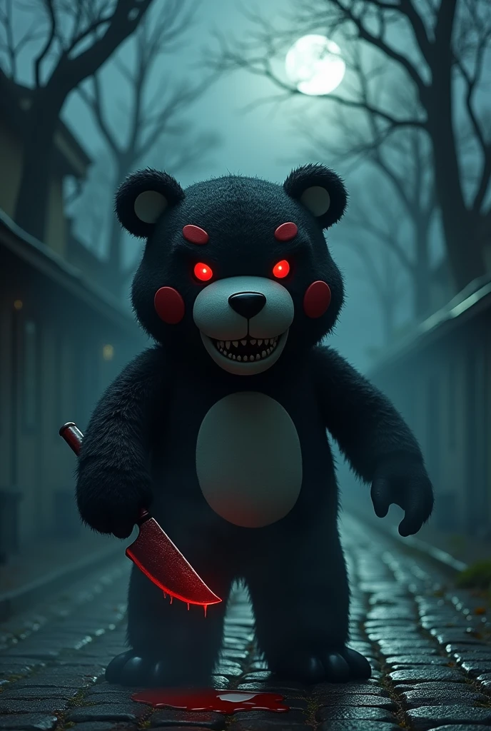 Scary Kumamon character holding bloody knife