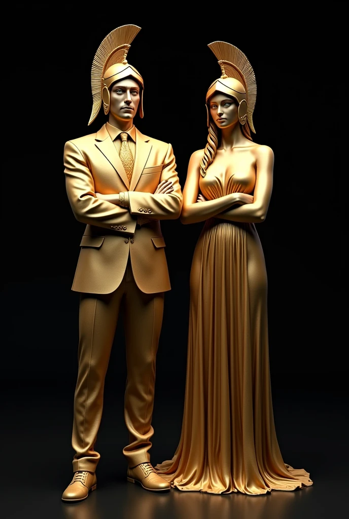 Gold statue of a man and women wearing formal suit and dress and wearing spartans helmet and cross arms, looking at the camera, looking in front, black background, high quality, 4k resolution, intricate detailed