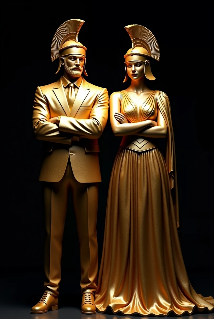 Gold statue of a man and women wearing formal suit and dress and wearing spartans helmet and cross arms, looking at the camera, looking in front, black background, high quality, 4k resolution, intricate detailed