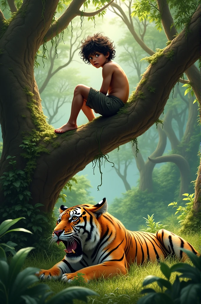 A boy sitting in a tree looking afraidly to the tiger they is eating cows