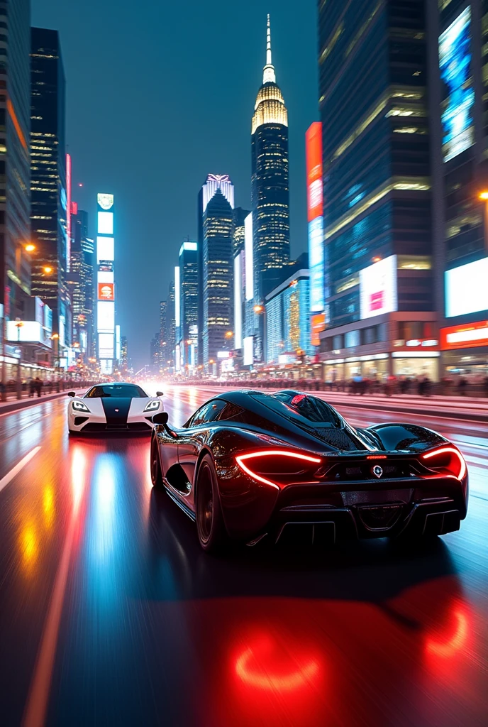 A black McLaren P1 and a white Koenigsegg Agera racing against a city background
