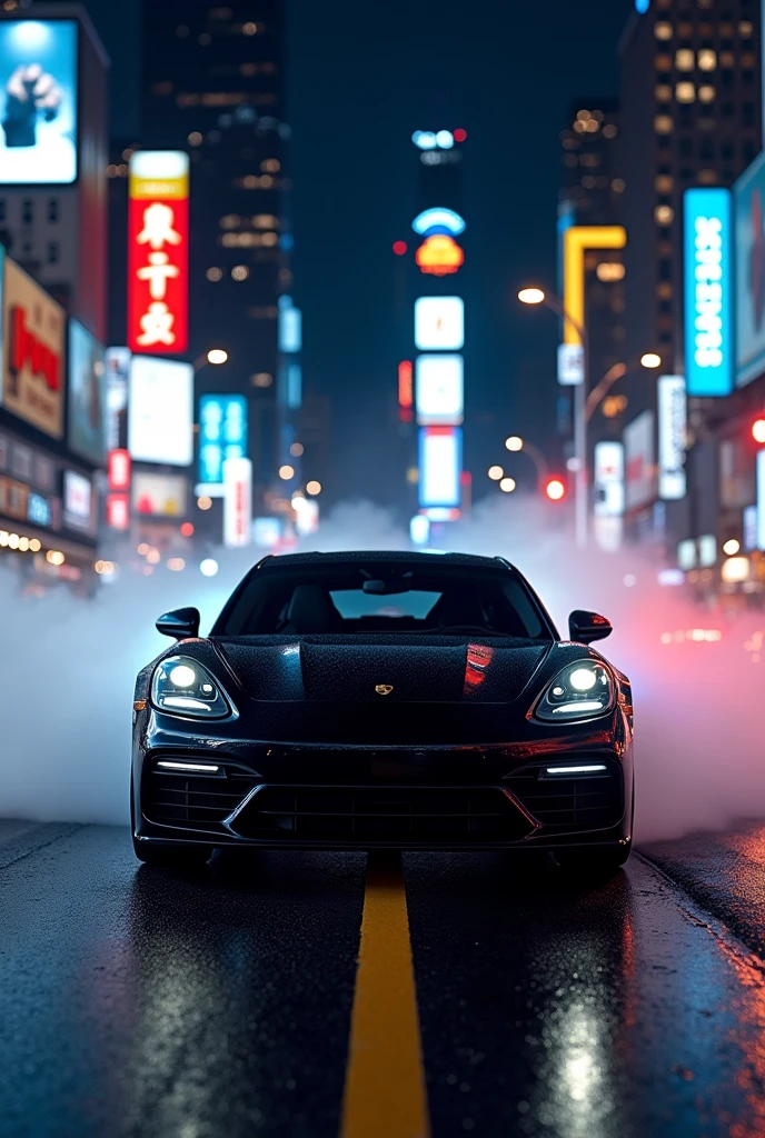 Black porche panamera in center of road back ground  city and smoke at night