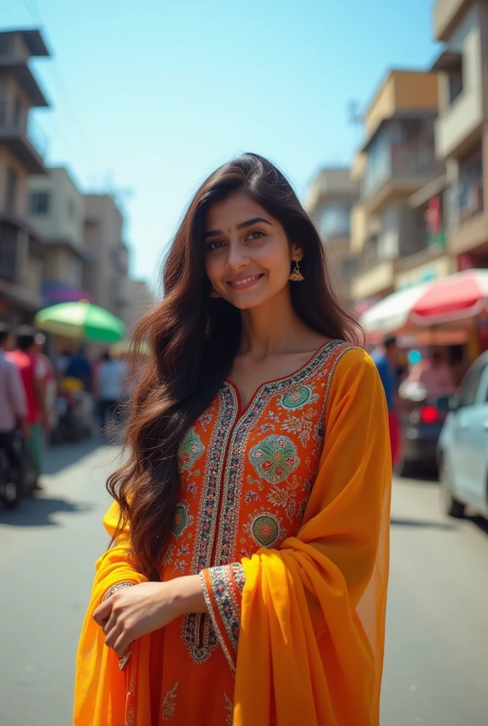 Beautiful Pakistani woman 20 Year old in shalwar qameez on road, full body