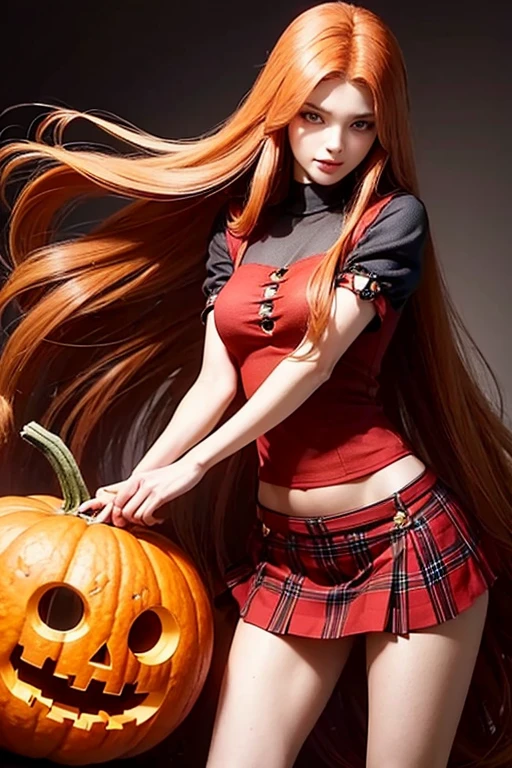 Rapinzel wearing extremely beautiful red plaid miniskirt with very long hair with a pumpkin at 12 o'clock on Halloween night in a Mexican village