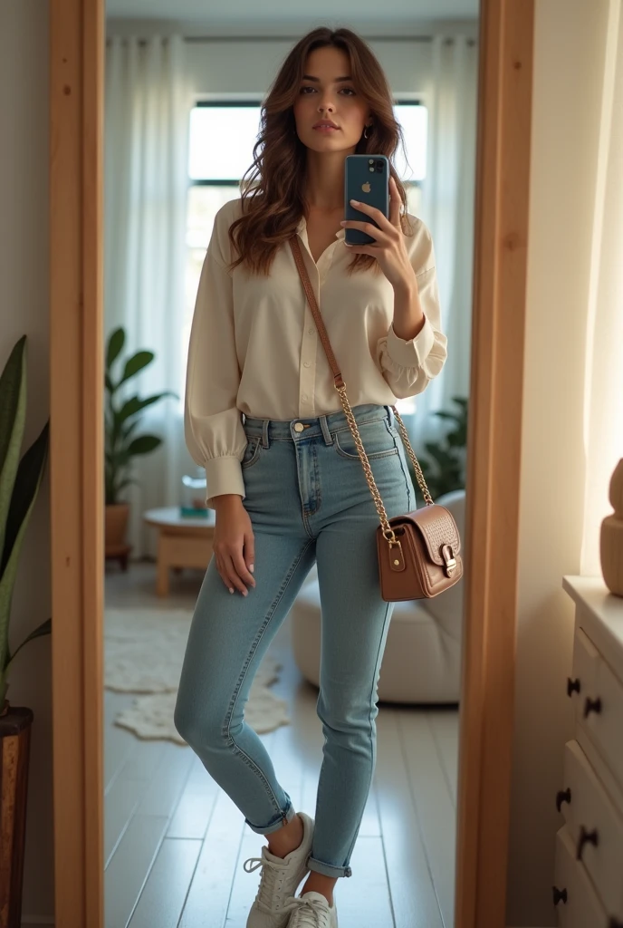 brunette woman, slim, medium wavy hair: photo in the mirror, showing the cell phone (AN IPHONE 15), with the following look: a miu miu blouse, jeans, Adidas sneakers and hair with a side braid and a.side bag