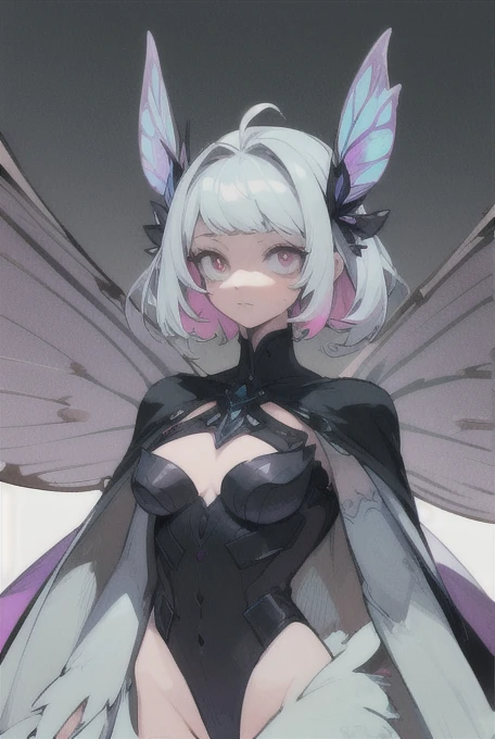 anthropomorphic silver moth girl, have colorful wings. Moth like antennae, gloves, big eyes, delicated body. Four black hands and arms that look likeonsof a moth. Her wings are loosen around her body, looking like a cape and hiding her body beneath.