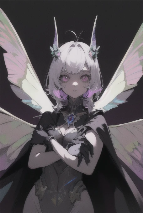 anthropomorphic silver moth girl, have colorful wings. Moth like antennae, gloves, big eyes, delicated body. Four black hands and arms that look likeonsof a moth. Her wings are loosen around her body, looking like a cape and hiding her body beneath.