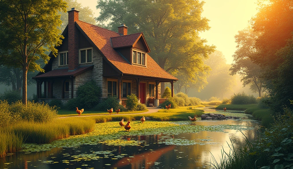 an image of a house with the light shining on them, in the style of colorful prisma, small duckweed pond, some duck and chickens, hens, erased and obscured, multiple flash, iconic album covers, photography, 50mm