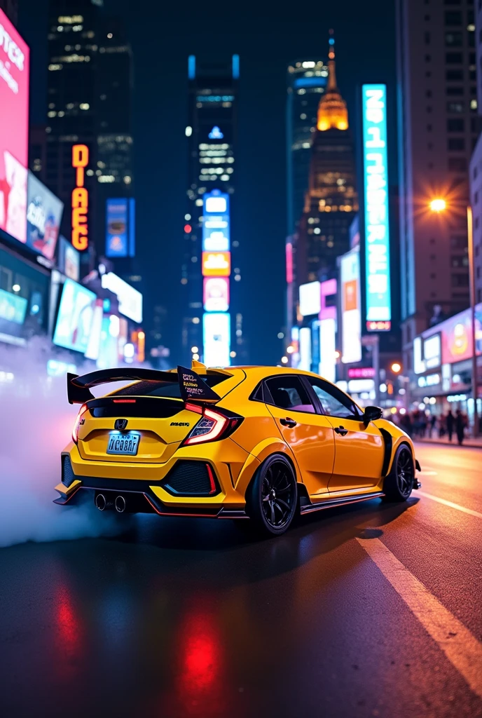 (photorealism:1.2), the civicferio type(glossy yellow)(mugen modified), (side look) at nights in newyork city, very detailed parts, smokes near the tire just like drifting, car lights is on.