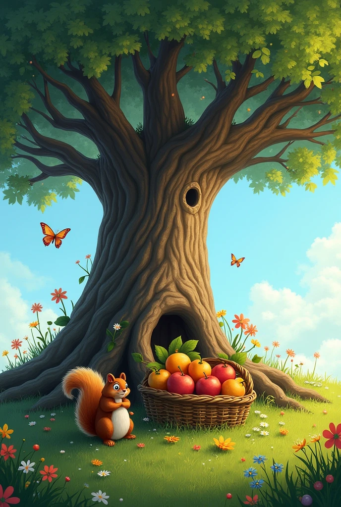 The tree is very big and large with some roots above ground., The squirrel is sitting under the tree., there is a butterfly flying, some flowers around, green meadows, blue sky, there is a basket of fruit under the tree